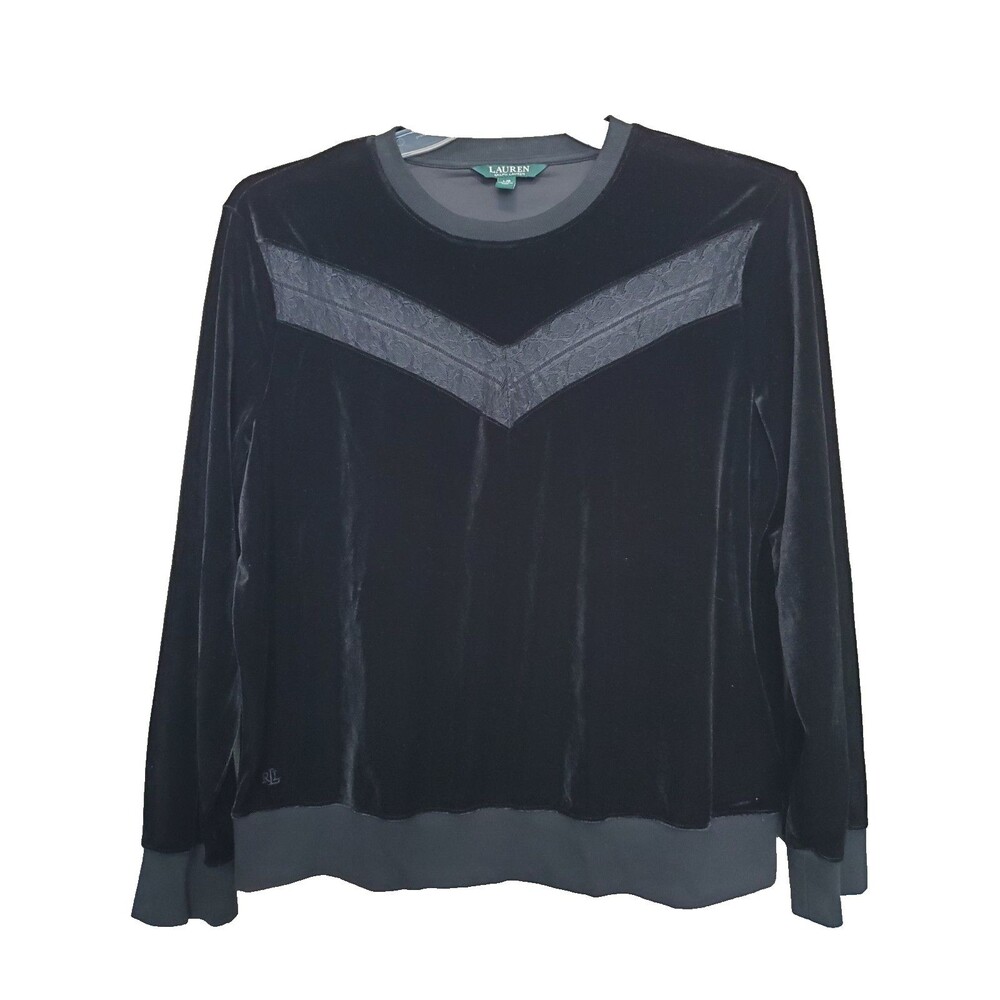 Lauren Ralph Lauren Black Velvet Crew Neck Long Sleeve Blouse Size Large